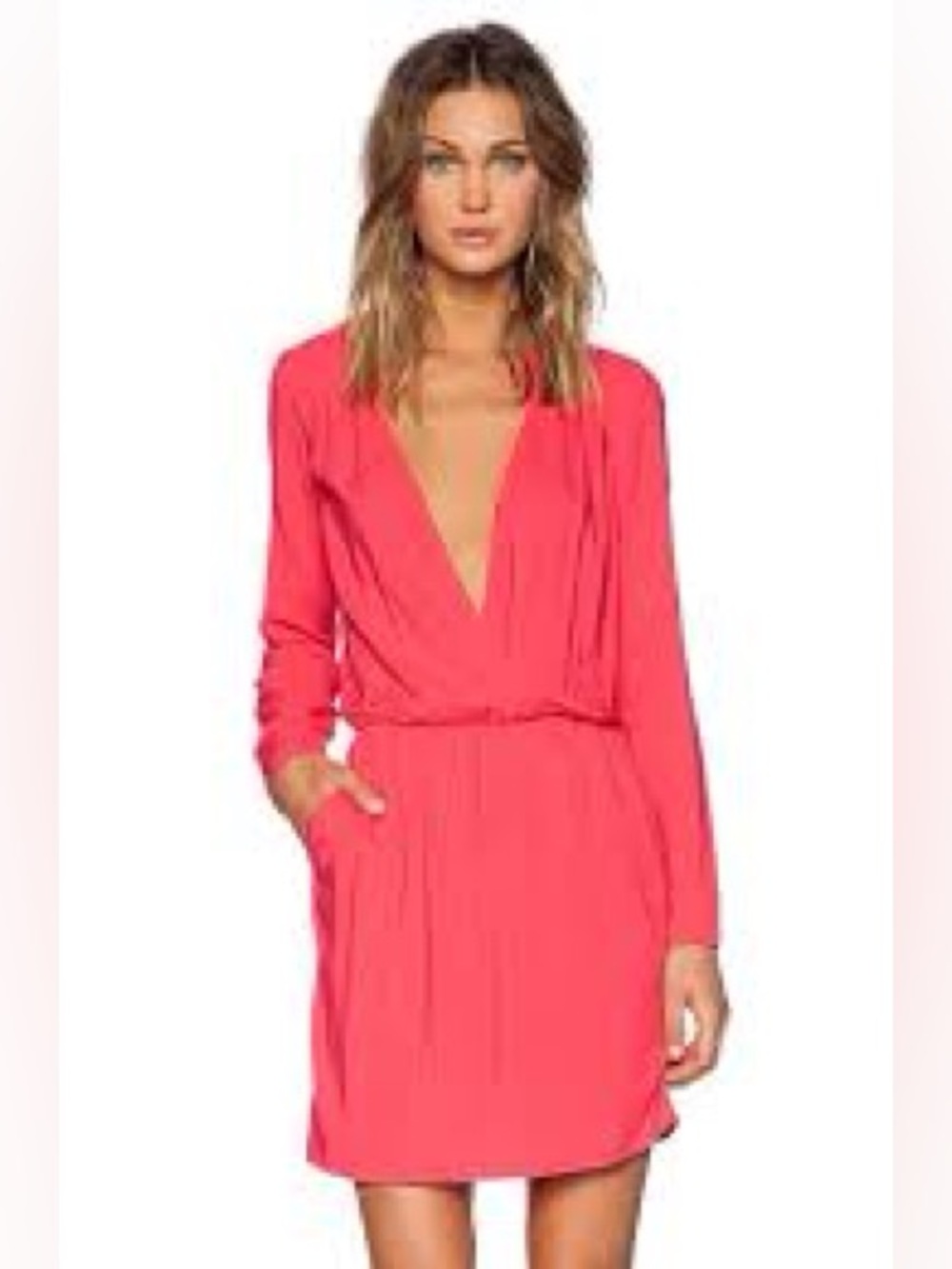Splendid Pink Voile Drape Snap V Neck Rayon Long Sleeve Dress
